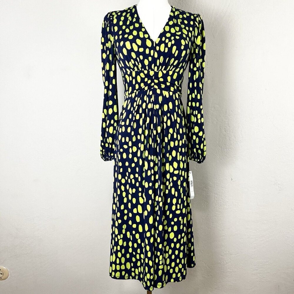 Maggy London Times Long Sleeve Ruched Waist Print Dress Navy Polka Dot‎ Size 2